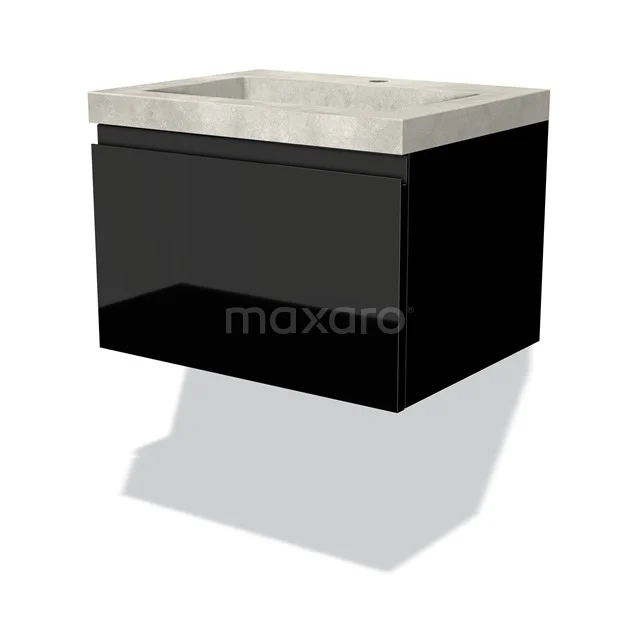 Black bathroom unit with concrete sink, modern design, hanging model, ideal for stylish bathroom design.