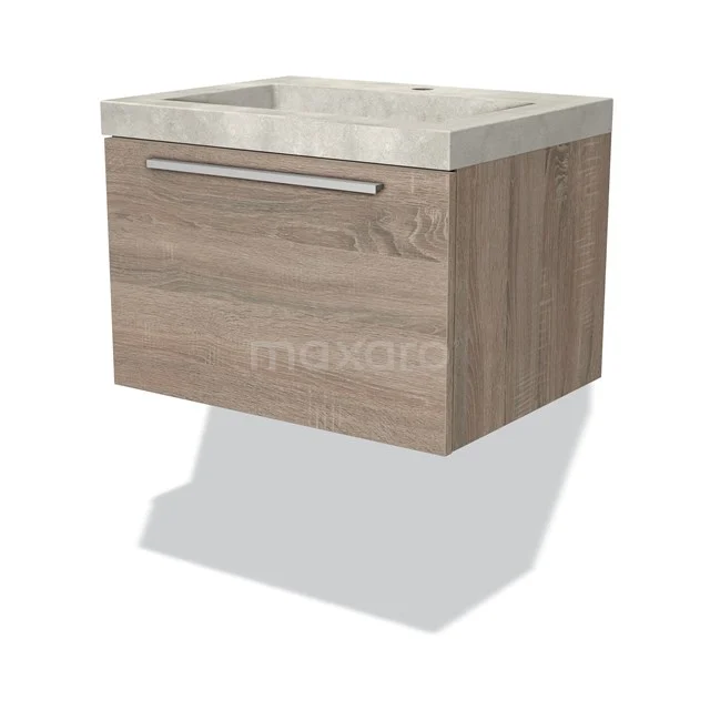 Holz-Badmöbel mit einem Betonlook Waschbecken, kompaktes Design, ideal für moderne Badezimmergestaltung.