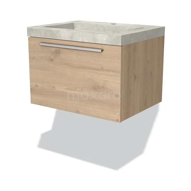 Holz Badezimmermöbel mit Schublade, helle Eiche Oberflächen, Waschbecken aus Naturstein, modernes Design für stilvolles Badezimmerinterieur.