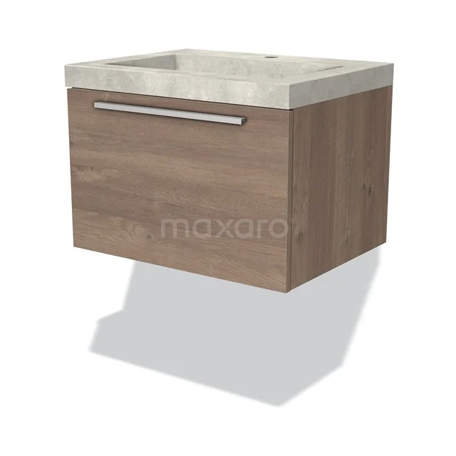 Modulo Vanity units with basin | 60 cm Mid brown oak Flat front Concrete 1 drawer BMW11-02297