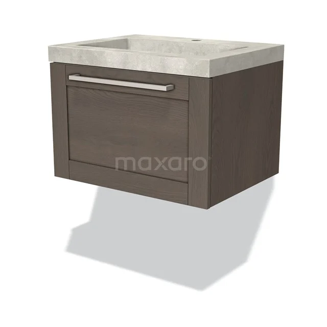 Wall-mounted bathroom cabinet, wood look with grey basin worktop, modern design and integrated handle.