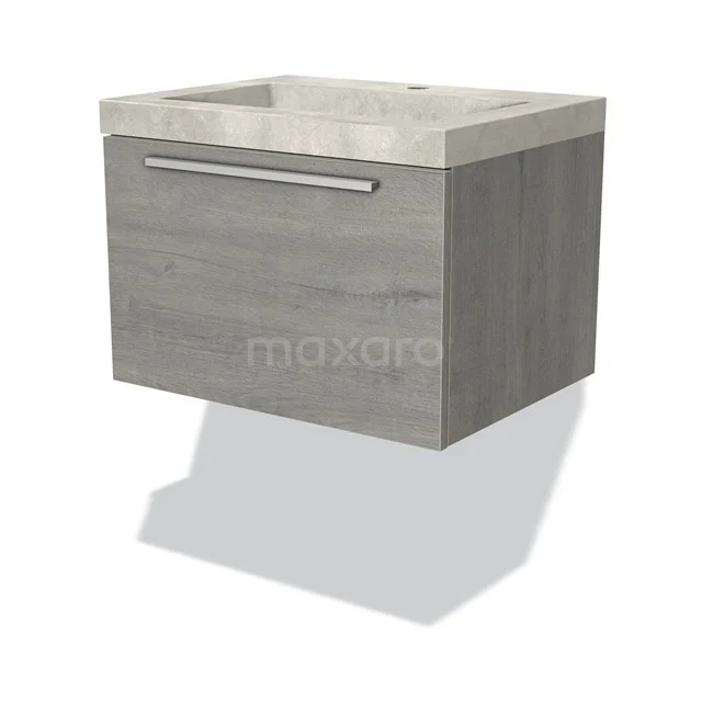Graue Eiche Badschrank mit einem integrierten Waschbecken in Betonlook, modernem Stil und metallischem Haltegriff.
