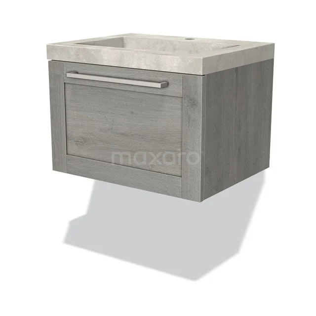 Badmöbel 60cm Modulo Graue Eiche 1 Schublade Rahmen Waschbecken Beton Grau BMW11-02302 Grauer Holz-Badschrank mit Betonlook Waschbecken, modernes Design, Wandmontage, ideal für stilvolle Badezimmergestaltung.