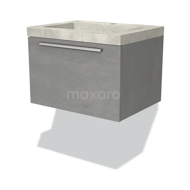 Grey floating bathroom cabinet with concrete-look basin, minimalist design and metal handle.