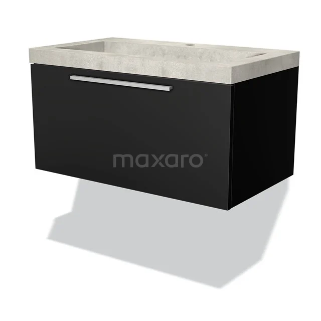 Schwarze Badmöbel mit Betonlook Waschbecken, modernes Design, Wandmontage, schmaler Metall Haltegriff.