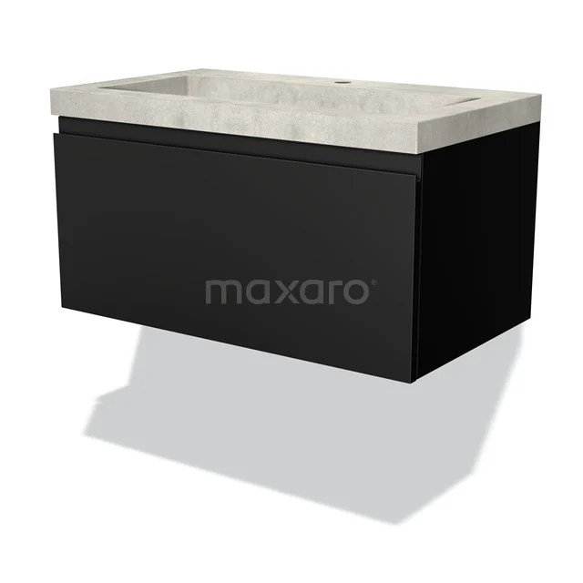 Badmöbel 80cm Modulo Matt Schwarz 1 Schublade griffloses Waschbecken Beton Greige BMW11-02307 Schwarzes hängendes Badmöbel mit Beton Waschbecken, straff modernes Design aus der Luxe Stone-Serie.