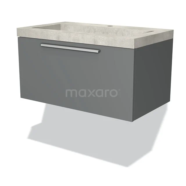 Grey hanging bathroom cabinet with one drawer, concrete-look basin and metal Handle, ideal for modern bathroom design.