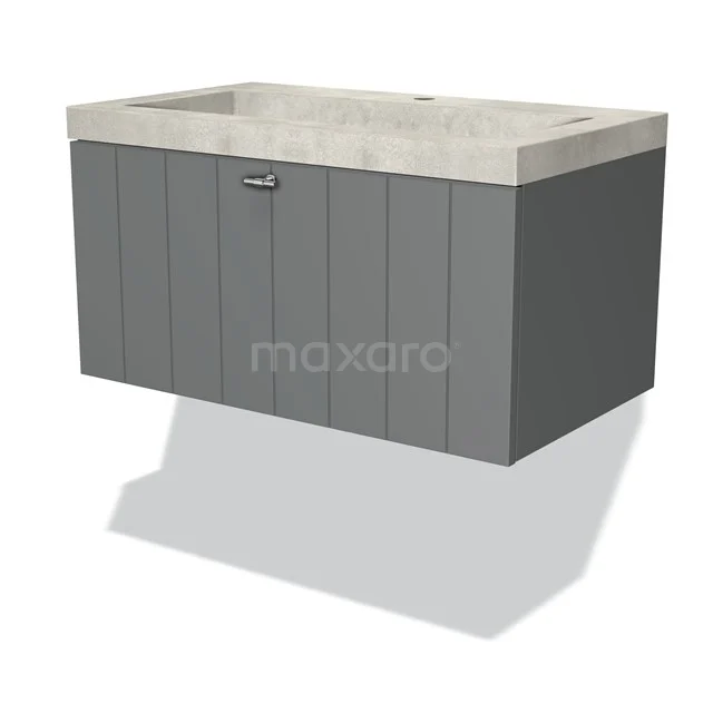 Grey wooden bathroom unit with a wide concrete basin worktop, sleek design and modern storage options.