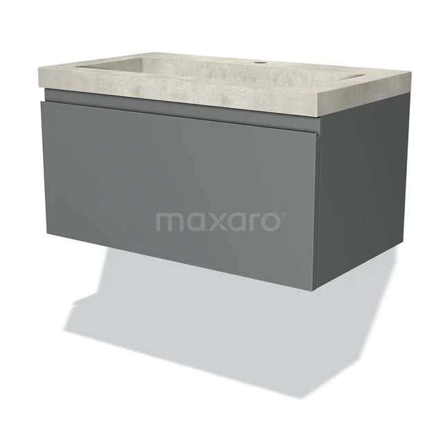 Grauer schwebender Badschrank mit Betonlook Waschbecken, modernes Design und klare Verarbeitung für zeitgemäße Bäder.