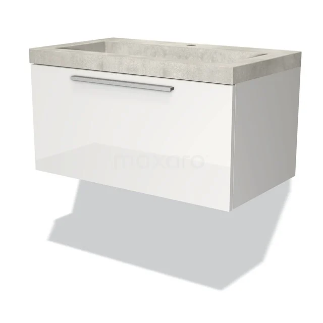 White floating bathroom unit with concrete-look basin, sleek design, ideal for modern bathrooms.