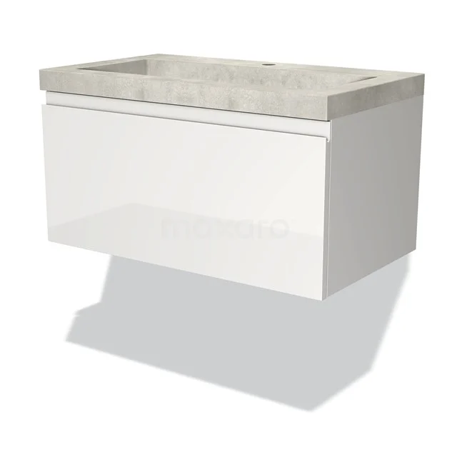 Weißes hängendes Badmöbel mit einer Beton-Look Waschbecken, minimalistisches Design und glatte Verarbeitung für moderne Bäder.