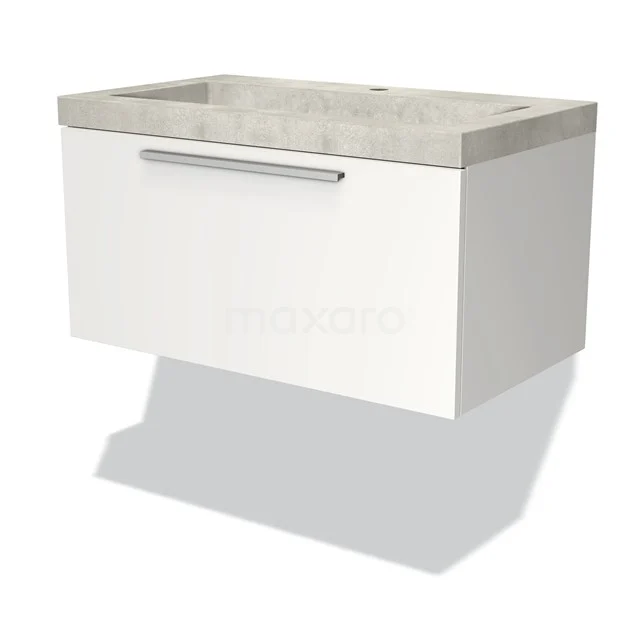White bathroom base unit with grey stone-look basin, modern rectangular shape and sleek metal handle.