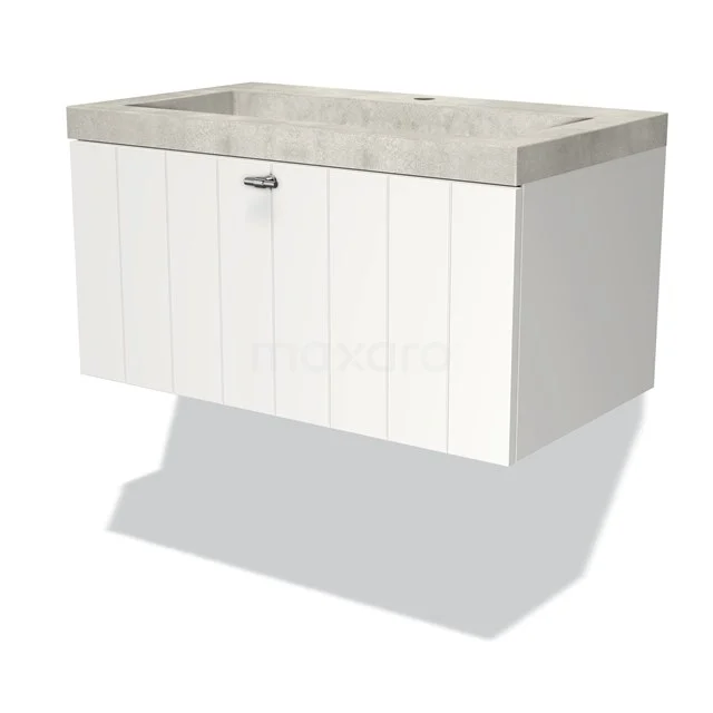 White hanging bathroom unit with horizontal panels, Concrete basin worktop and metal Handle, modern and sleek design.