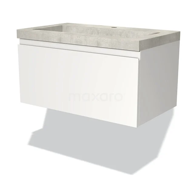 Weißes hängendes Badmöbel mit einer grauen Natursteine Waschbeckenplatte, moderne Formgebung und straffes Design aus der Luxus-Serie.