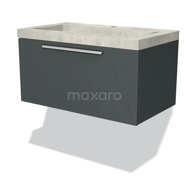 Dark grey hanging bathroom cabinet with one drawers and light grey natural stone basin, sleek design.