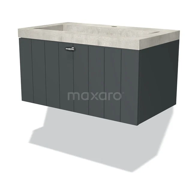 Badmöbel 80cm Modulo Dunkelgrau 1 Schublade Lamelle Waschbecken Beton Greige BMW11-02318 Dunkelgrauer hängender Badschrank mit Betonlook Waschbecken, Rippmuster auf der Tür, ideal für moderne Bäder.
