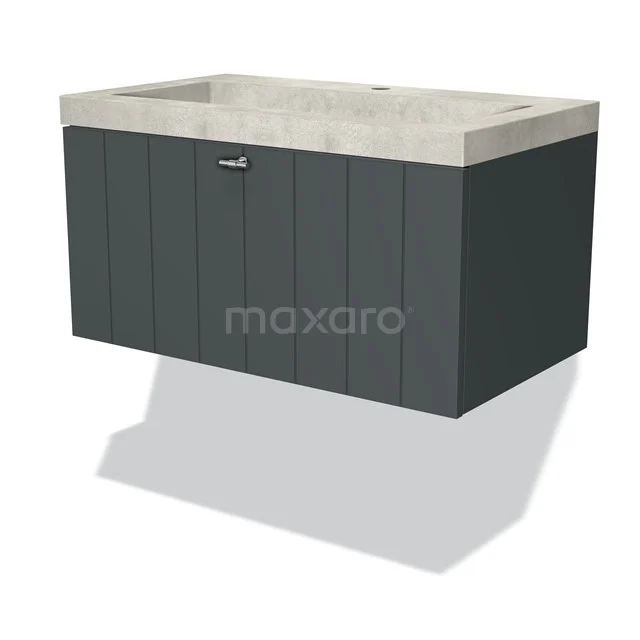 Dark grey hanging bathroom cabinet with concrete-look basin, ribbed pattern on the door, ideal for modern bathrooms.