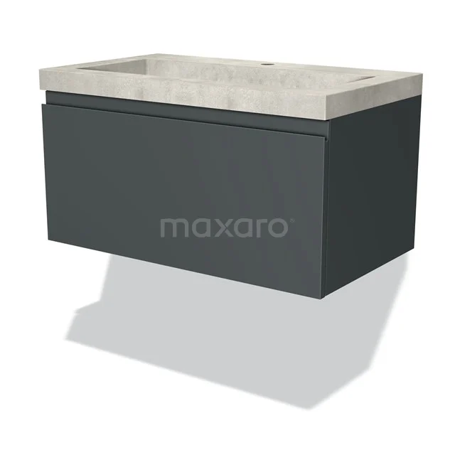 Graue Wandmöbelset mit einem klaren Design und Waschtischplatte aus Beton, ideal für ein modernes Badezimmer.