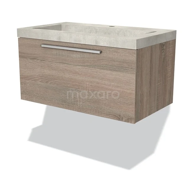 Badmöbel 80cm Modulo Eiche 1 Schublade Flaches Waschbecken Beton Greige BMW11-02323 Hängendes Badmöbel in hellem Eichenholz mit integriertem Waschbecken und chromfarbener Haltegriff, modernes und platzsparendes Design.