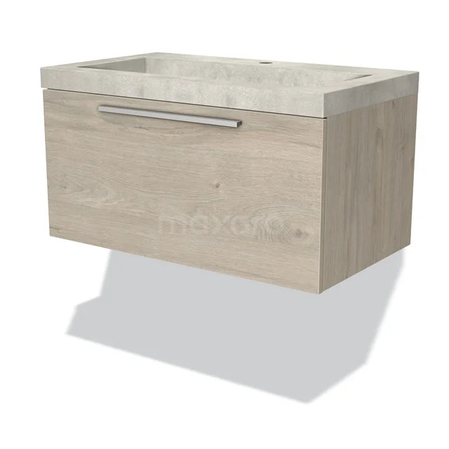 Badmöbel 80cm Modulo hellgraue Eiche 1 Schubladen Flaches Waschbecken Beton Greige BMW11-02325 Holz-Badmöbel mit Natursteine Waschbecken, schwebendes Design und minimalistischer Griff.