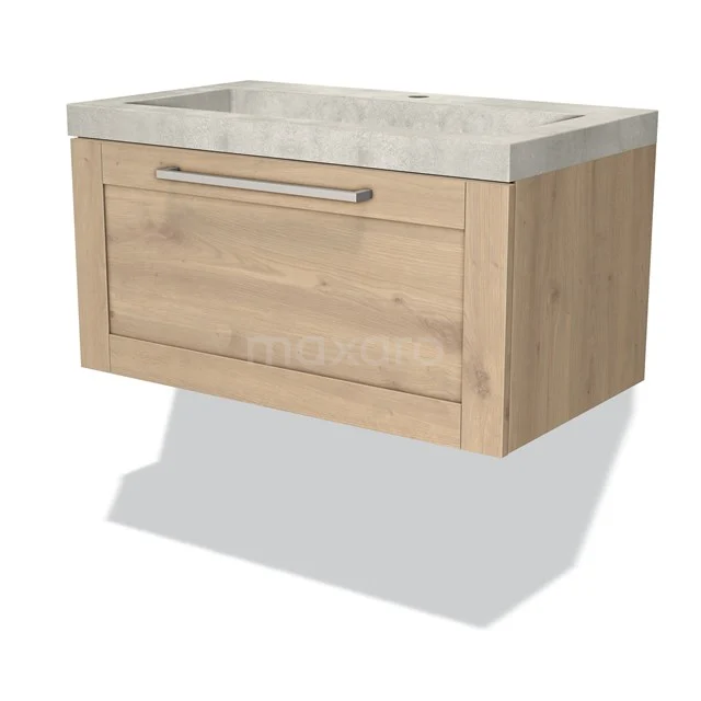 Floating wooden bathroom cabinet with one drawer, wood-look finish, including integrated basin made of light grey natural stone.