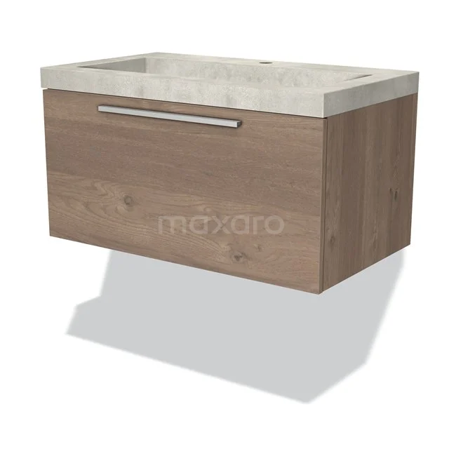 Wooden bathroom cabinet with basin, wall-mounted in Oak look with ceramic top and stylish metal Handle.