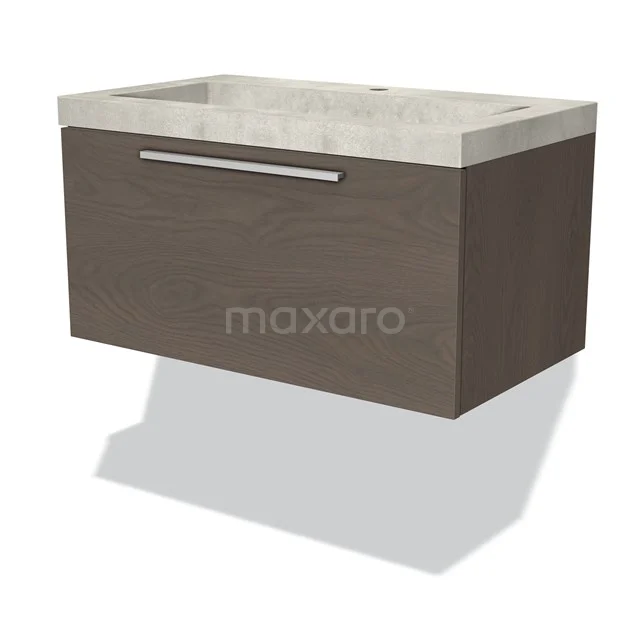 Wall-mounted bathroom unit with wood look, one drawer and ceramic basin, modern design for stylish bathrooms.