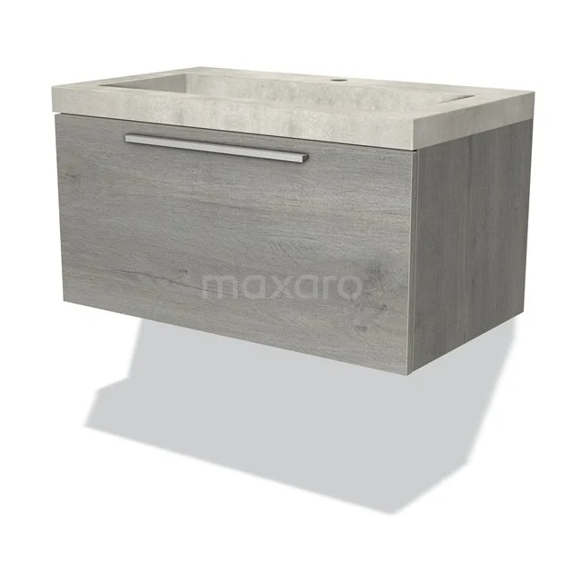 Graues Holz Badezimmermöbel mit Marmorlook Waschbecken und metallischem Haltegriff, modernes Design für minimalistische Bäder.