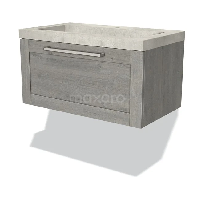 Grey hanging bathroom cabinet with drawers, wood look, including ceramic basin; modern design for bathroom storage.