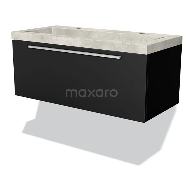 Black hanging bathroom unit with marble basin and sleek design, ideal for a modern bathroom design.