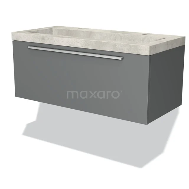 Grey base cabinet with concrete-look sink, modern design, ideal storage space for a stylish bathroom space.