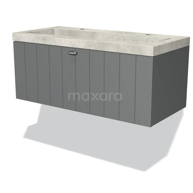 Grey hanging bathroom cabinet with wood structure, double basin in marble look and chrome handle.
