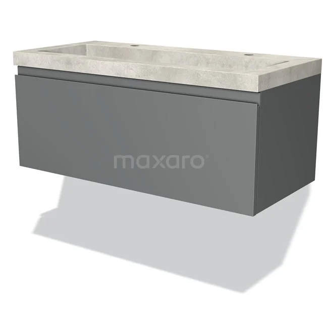 Badmöbel 100cm Modulo Mittelgrau 1 Schublade Griffloses Waschbecken Beton Grau BMW11-02342 Graues schwebendes Badmöbel mit Beton Waschbecken, modernes Design, ideal für stilvolle Badezimmeraufstellungen.
