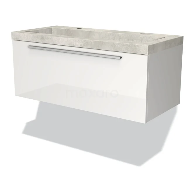 Badmöbel 100cm Modulo Hochglanz Weiß 1 Schublade Flaches Waschbecken Beton Greige BMW11-02343 Weiße hängende Badmöbel mit einem grauen Marmor Waschbecken, schmalem Metall Haltegriff und modernem Design.