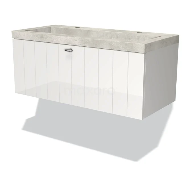 Wandhängendes Badmöbel in weißem Hochglanz, Natursteine Waschbecken, modernes Design mit Paneeltüren.