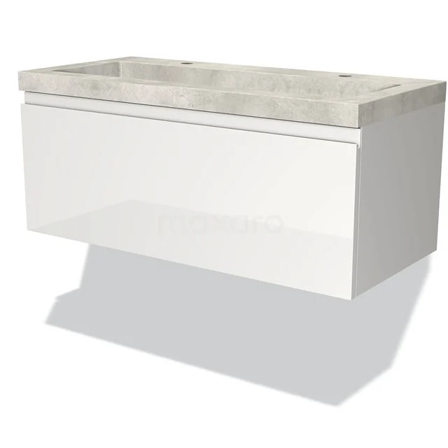 Weiße Badmöbelset mit Hochglanzoberfläche und Natursteinwaschbecken, ideal für einen modernen Badezimmerstil.