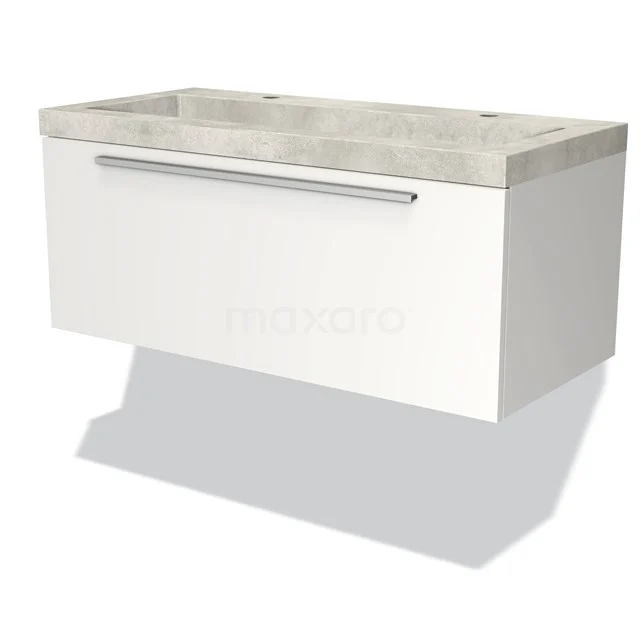 Modulo Waschtische | 100 cm Matt Weiß Flach front Beton 1 Schublade BMW11-02346 Weißes hängendes Badezimmermöbel mit einem grauen Naturstein-Waschbecken, schlankes Design und integrierter Haltegriff.