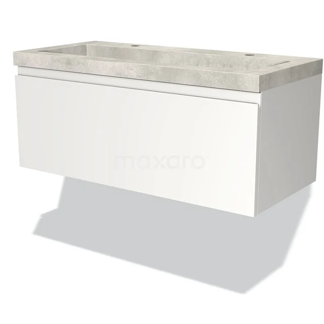 Wandmontage Badmöbel, weiß mit Betonlook Waschbecken, minimalistisches Design, ideal für moderne Badezimmergestaltung.