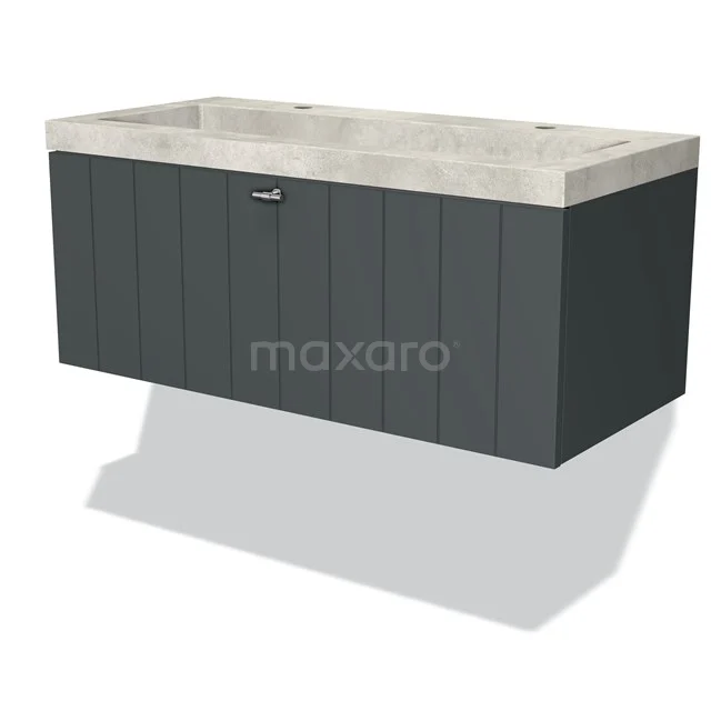 Dark grey wooden bathroom unit with double sink and concrete-look top, sleek and modern design.