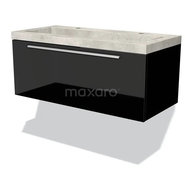Schwarzes wandmontierte Badezimmermöbel mit Doppelwaschbecken aus Marmor, schickem Schublade und modernem Design.