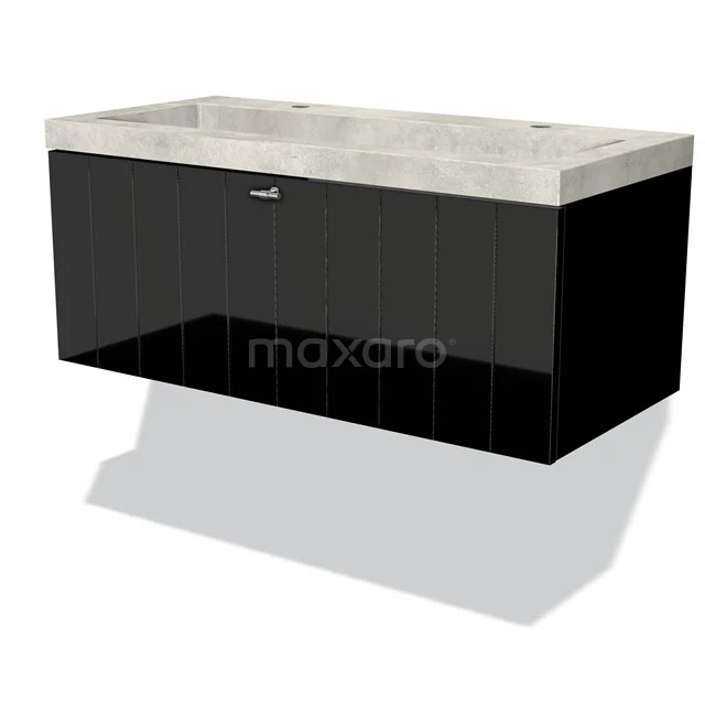 Black bathroom unit with high-gloss finish, double basin and natural stone look, modern design for stylish bathrooms.