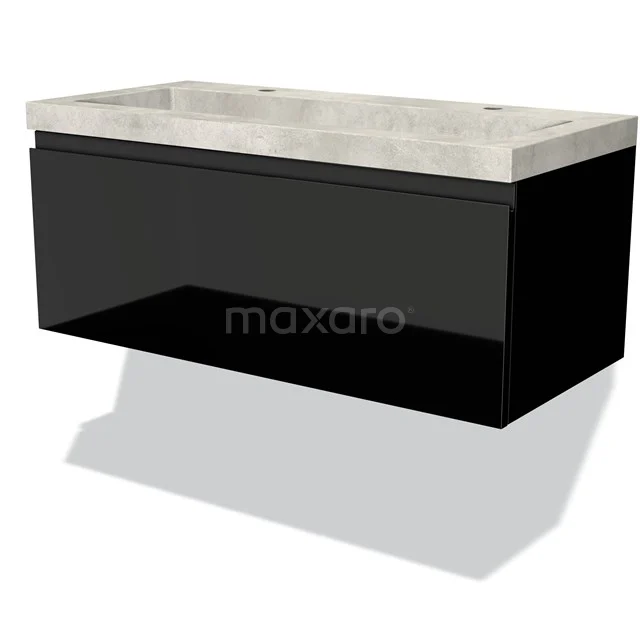 Black bathroom unit with concrete-look basin, sleek design and modern finish, perfect for stylish bathroom decor.