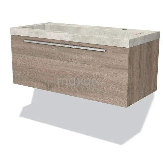 Wooden vanity unit with drawer, light oak, with natural stone worktop, ideal for modern bathrooms.