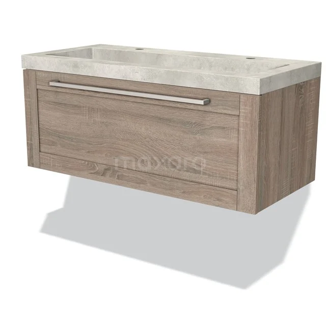 Wooden basin base cabinet with integrated drawer, marble basin worktop, suitable for modern bathroom design.