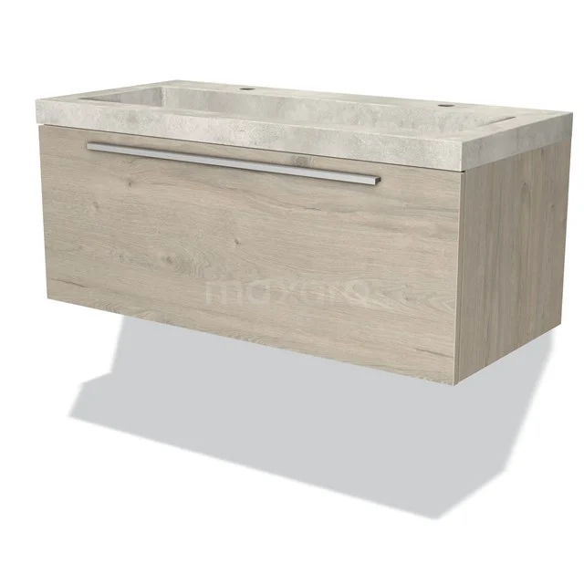 Wooden bathroom unit with marble basin, modern design, wall-mounted, including wide metal handle.