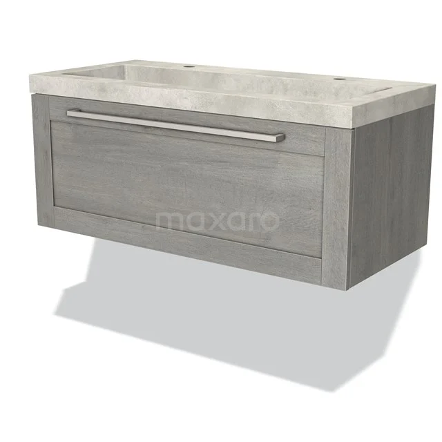 Badmöbel 100cm Modulo Graue Eiche 1 Schublade Rahmen Waschbecken Beton Grau BMW11-02366 Graues Holz-Badmöbel mit integriertem Waschbecken und geräumiger Schublade, ideal für stilvollen Stauraum im Badezimmer.
