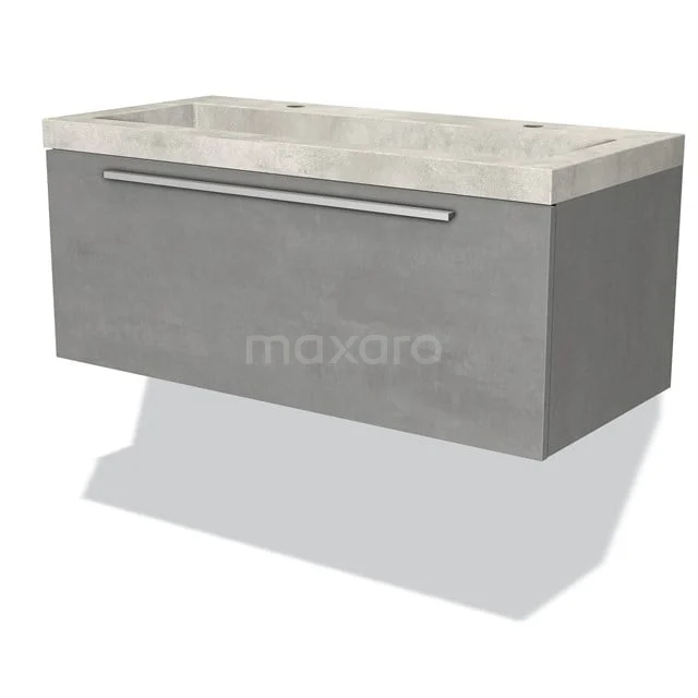 Grey floating bathroom unit with concrete look and integrated vanity units with basin, sleek design with minimalist drawer and Handle.