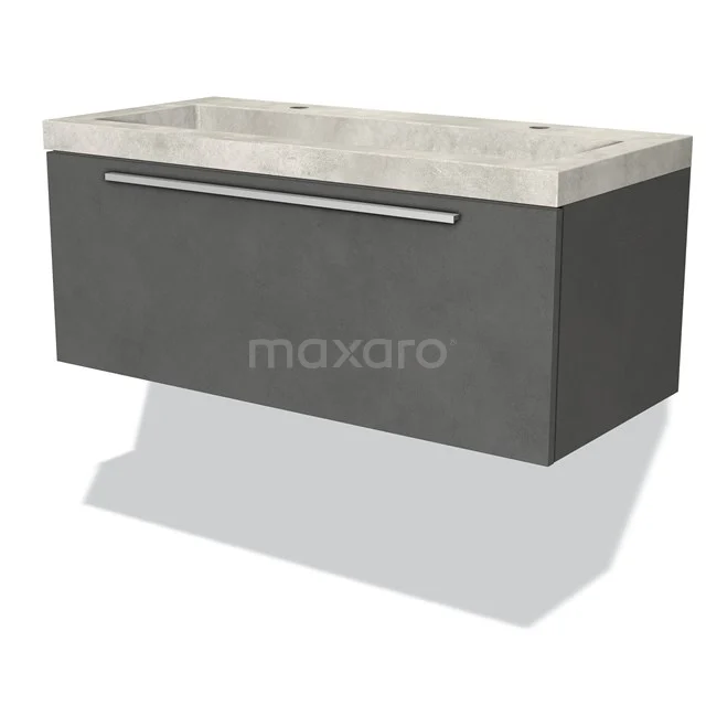 Grijze hangende badkamermeubel met betonnen wastafel, modern design en RVS handgreep, ideaal voor een stijlvolle badkamer.