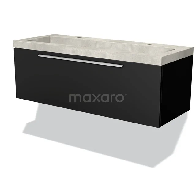 Schwarzes hängendes Badmöbel mit breiter marmorierter Waschtischplatte und Metallgriff, modernes Design für ein stilvolles Badezimmer.