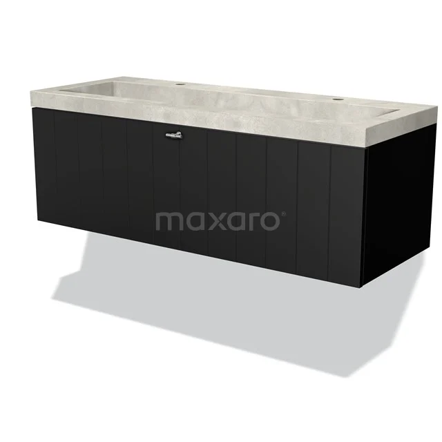 Modulo Vanity units with basin | 120 cm Matte black Slat front Concrete 1 drawer BMW11-02370 Black wall-mounted vanity unit with concrete-look basin, sleek design, ideal for modern bathrooms.
